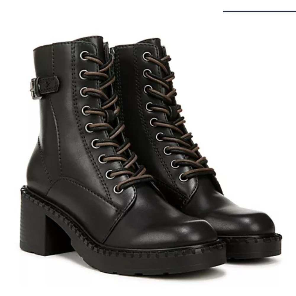 Zodiac Womens Black Combat Dual Lace‎ Up Ankle Boots Buckle Chunky Heel 7.5 NEW
